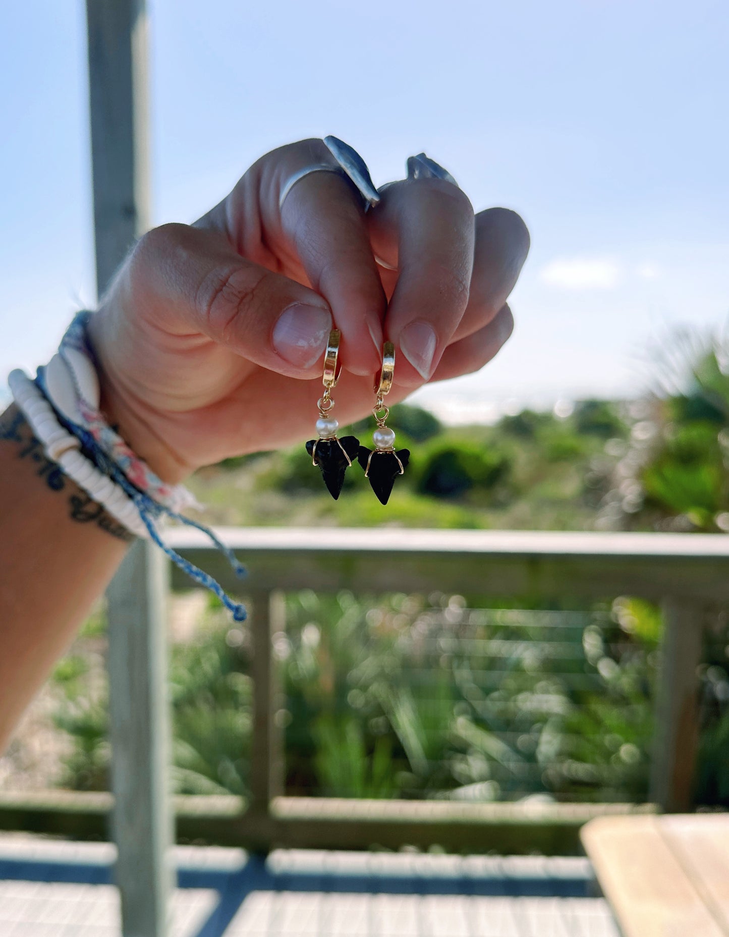 shark tooth pearl hoops